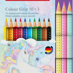 Trīsstūrveida akvareļu zīmuļi Faber-Castell Colour Grip Unicorn 10+3 krāsas