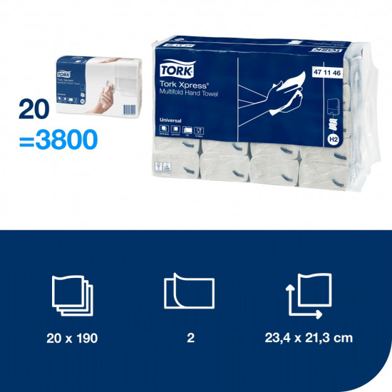 Papīra salvetes Tork 471146 Xpress Multifold Universal H2, 2 slāņi, baltas, 190 salvetes, 20 paciņas