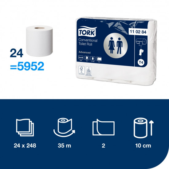 Tualetes papīrs Tork 110284 Advanced T4, balts, 2 slāņi, 35m 248 lapas, 24 ruļļi