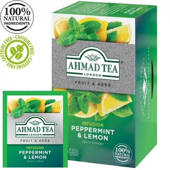 Zāļu tēja Ahmad Tea Peppermint & Lemon, ar piparmētru un citronu, 20 gab.x2g, folijā