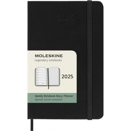 Еженедельник Moleskine 2025, 9x14 см, твердый переплет, черный, с датами