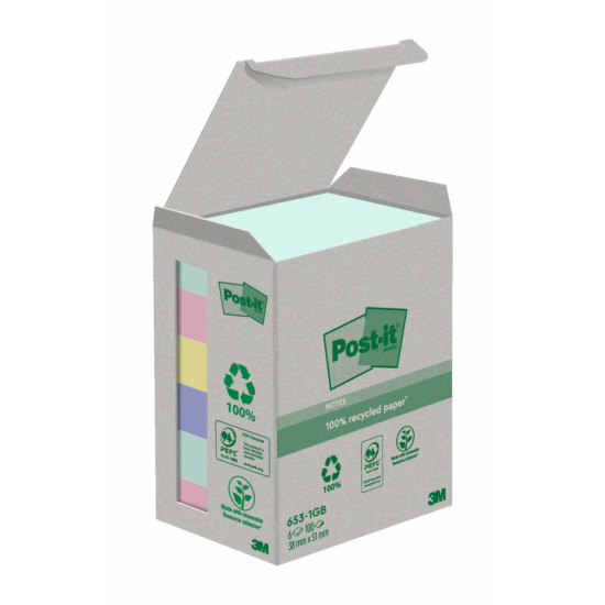 Märkmepaber 3M Post-it® Recycling Assorted 38mmx51mm 6tk/pk 100L