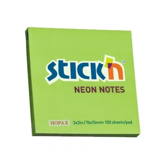 Līmlapiņas StickN 21167, 76x76mm, 100 lapiņas, neona zaļš