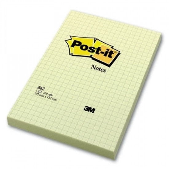 Rūtiņu līmlapiņas 3M Post-It 102x152mm, 100 lapiņas, dzeltenas