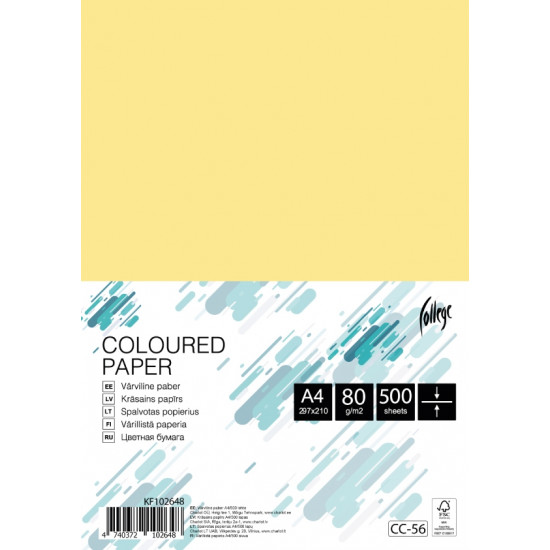 Krāsains papīrs College A4, 80g/m², 500 loksnes, CC56, Light yellow