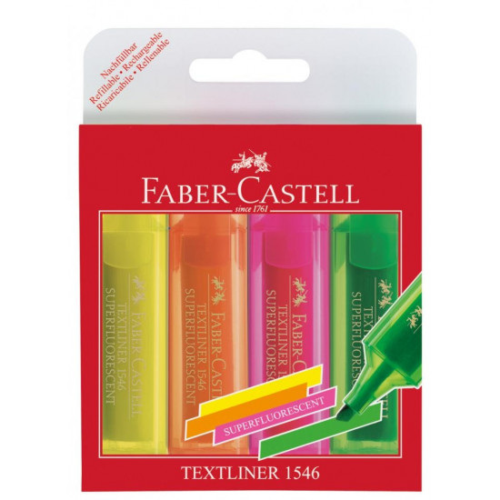 Teksta marķieru komplekts Faber-Castell Superflourescent 1-5mm, nošķelti, 4 krāsas