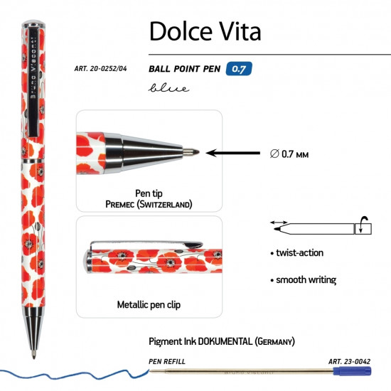 Ручка Dolce Vita. маки шариковая, металлический корпус, 0,7 мм, синяя