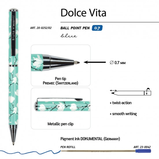 Ручка Dolce Vita. камелии. шариковая, металлический корпус, 0,7 мм, синяя