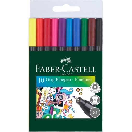 Flomāstertipa pildspalvu komplekts Faber-Castell Finepen Grip 0.4mm, 10 krāsas