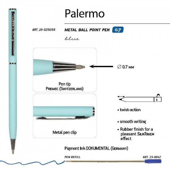 *Lodīšu pildspalva Bruno Visconti Palermo 0,7mm, zila, gaiši zils korpuss